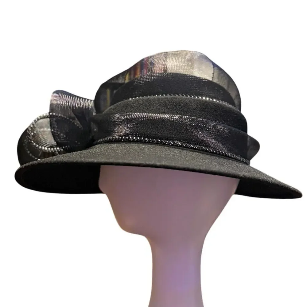 Black Felt Swinger Hat with Crinoline Trim by Swan Hat Co, New York Vintage - Picture 3 of 6